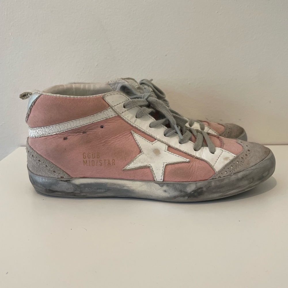 Golden goose mid star sneakers - light pink suede, silver